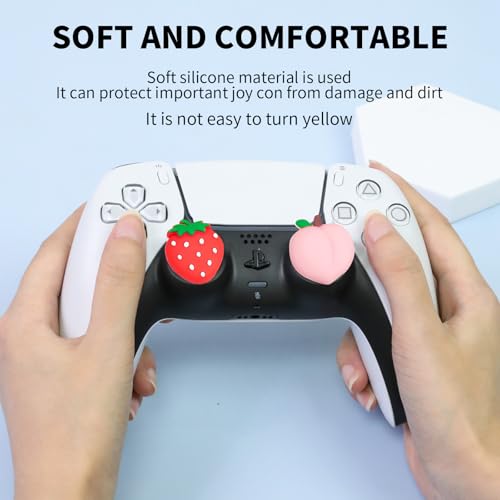 PERFECTSIGHT Cute Peach Strawberry Thumb Grip Caps for Switch 2, PS5, PS4, Xbox Series X/S, Xbox One, Switch PRO Controller, 4PCS Kawaii Soft Rubber 3D Analog Thumbsticks Grips Joystick Cover - color: Peach+Strawberry