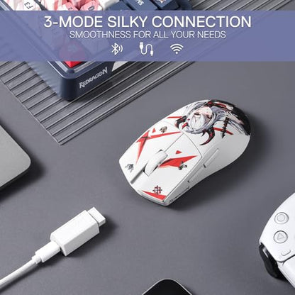 Redragon M916AK PRO 3-Mode Anime Gaming Mouse, 42G Ultra-Light 26K DPI Gaming Mouse w/Ergonomic Natural Grip Build, Full Programmable Buttons, Software Supports DIY Keybinds & DPI - color: WT-SE, style: 1K Hz