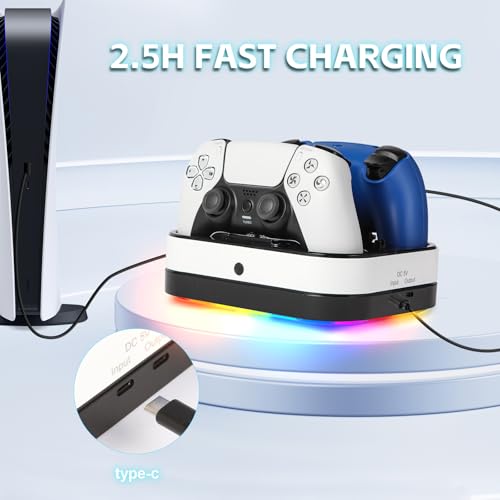 Puning PS5 Controller Charger Station,Fast Charging Dual PS5 Controller Stand Compatible with PlayStation 5 Dualsense Edge Gamepad & 9 RGB LED Lights and Cable