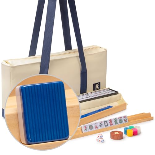 Yellow Mountain Imports American Mahjong Set, Harbor Tide with Beige and Blue Canvas Tote Bag - 4 All-in-One Racks with Pushers, Wright Patterson Scoring Coins, Dice, & Wind Indicator - color: Ivory