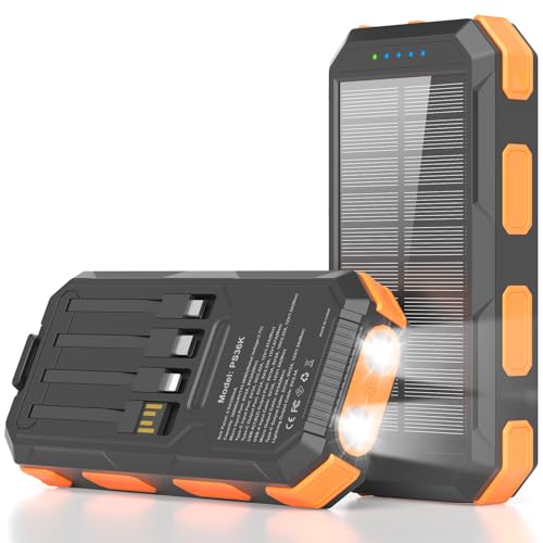 Solar Charger Power Bank 38800mAh, 22.5W USB-C Fast Charging Portable Charger with 4 Built-in Cables, External Battery Pack with Dual LED Emergency Flashlights for Camping, Hiking, Outdoor Use