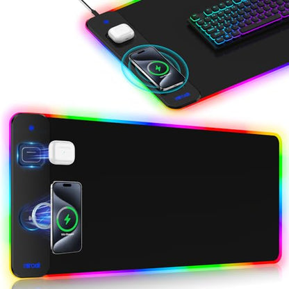 Magnetic Charging Mouse Pad 31.5x15.75, 15W Fast Wireless Charging Desk Mat, XXL Desk Pad RGB Gaming Mousepad, Home Office Large Keyboard Pad with Ultra-Smooth Surface, Non-Slip Base - color: 31.5x15.75"Magnetic RGB-Black