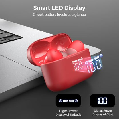 TOZO T20 Wireless Earbuds 97H Playtime, Wireless Charging LED Display Case | 10mm Deep Bass Sound, Dual Mic ENC Clear Calls, IPX8 Waterproof, Bluetooth 5.3, Comfortable Fit Ear Buds For Daily Use, Red - color: Red
