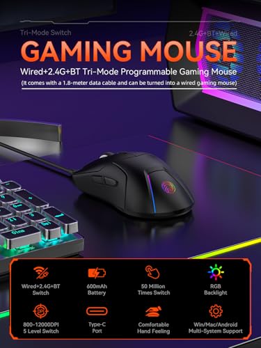 FMOUSE Wireless Gaming Mouse, PAW3311 Sensor, 12,000 DPI, 1,000Hz, Tri Mode (2.4G/Bluetooth/Wired), Ergonomic, USB C Rechargeable, 6 Programmable Buttons, Side Keys Mice for PC/Laptop/Mac (Black)