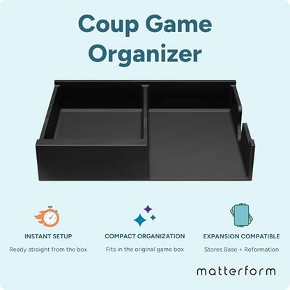 Coup Organizer Insert | Box Storage & Tabletop Card Holder for Coup & Reformation Expansion | Fast Setup Card & Token Tray | Board Game Box Insert Compatible with Indie Card Game Coup