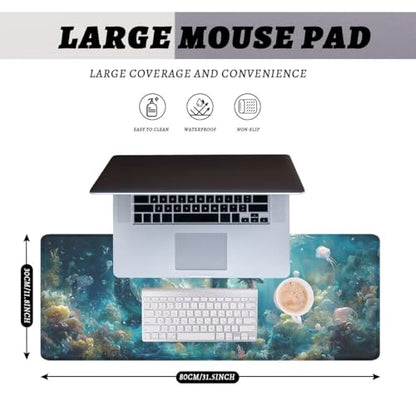 Water Dragon Gaming Mouse Pad Ocean Underwater World Dragon Extended Mousepad Waterproof Stitched Edges Rubber Base Non-Slip Deskpad Computer Keyboard Mat 31.5"x11.8" - color: Water Dragon, size: 31.5L x 31.5W inches