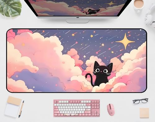 Anime Desk Mat,Pink Purple Clouds Mouse Mat Desk Pad, Cute Black Cat Game Mousepad, Full Deskmat, Extended Computer Desk Keyboard Mat, for Women Office Desktop Decor Aesthetics 31.5"X15.7" - color: Pink Clouds