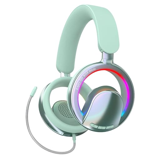 Xmenha Open Ear Open-Back Headphones Wireless Bluetooth Gaming Headset with Removable Mic for PC Switch Xbox One PS4 PS5, 3.5mm Wired Breathable Lightweight Over Ear Headphones Adjustable RGB Light - color: Green