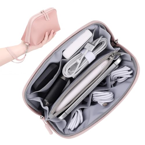 FYY Travel Cable Organizer - 8 Compartments, Lightweight, Water Repellent | With Wrist Strap, Portable Tech Pouch for Cord Charger, Travel and Business Trips Use, Soft Shell Nylon, Pink (Small) - color: Pink, size: (S) 8.1"× 4.7"× 2.9"
