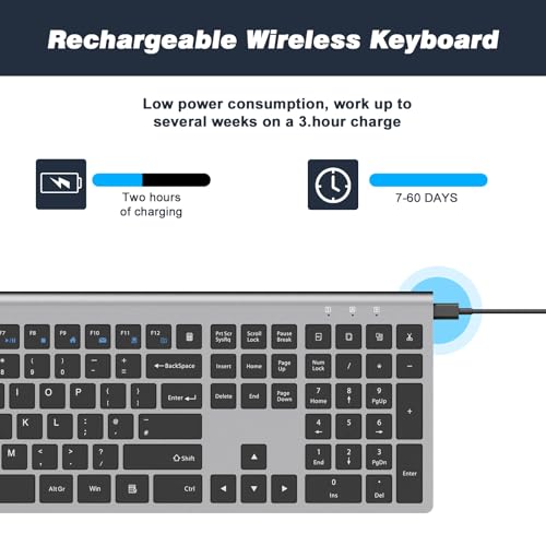 Rechargeable Wireless Keyboard, FullSize Scissor Switch Keyboard, Gray | QWERTY Layout Silent Keyboard, Ergonomic, 12 Multimedia Shortcut Keys for PC/Desktop/Laptop/Windows