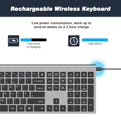 Rechargeable Wireless Keyboard, FullSize Scissor Switch Keyboard, Gray | QWERTY Layout Silent Keyboard, Ergonomic, 12 Multimedia Shortcut Keys for PC/Desktop/Laptop/Windows