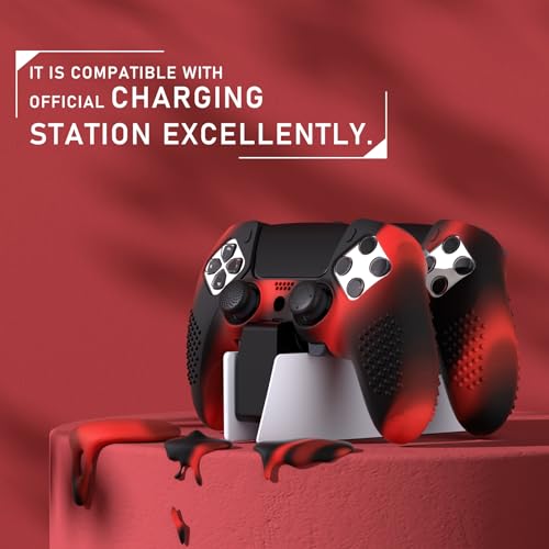 PlayVital 3D Studded Edition Anti-Slip Silicone Cover Case for ps5 Edge Controller, Soft Rubber Protector Skin for ps5 Edge Wireless Controller with 6 Thumb Grip Caps - Red & Black - color: Red & Black