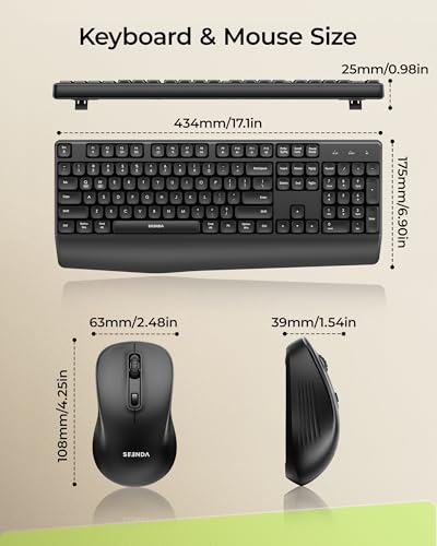 seenda COE200 Wireless Bluetooth Keyboard and Mouse Combo with Wrist Rest | USB/Bluetooth multi-device switching, quiet keys & clicks, full-size ergonomic set for PC, laptop, Mac, MacBook, Black - color: Black