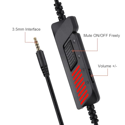 Stereo Wired Gaming Headset for PS4 PS5 New Xbox One Controller PSP PC Laptop Tablet, Over Ear 3.5mm Port Headphones with Mic, Bass Surround, Soft Memory Earmuffs,Red&Black