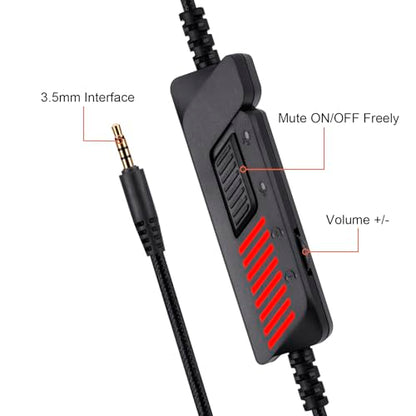 Stereo Wired Gaming Headset for PS4 PS5 New Xbox One Controller PSP PC Laptop Tablet, Over Ear 3.5mm Port Headphones with Mic, Bass Surround, Soft Memory Earmuffs,Red&Black