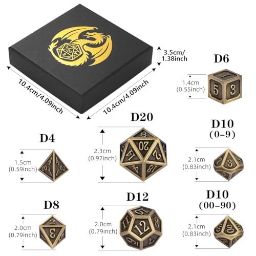Metal Dice Set, 7pcs Polyhedral Metal DND Dice Set, DND Starter Set, D&D Gifts with Gift Box, Role Playing Board Games Accessories, Bronze - color: Bronze + Gift Box