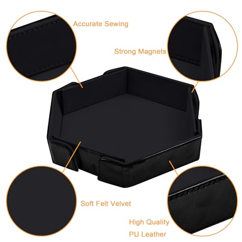 SIQUK Magnetic Folding Dice Tray Hexagon Dice Rolling Tray PU Leather Dice Trays Foldable Dice Holder Dice Rolling Mat Storage Box for D&D RPG Dice Games, Black - color: Black