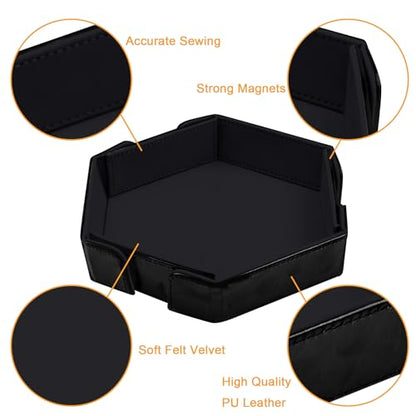 SIQUK Magnetic Folding Dice Tray Hexagon Dice Rolling Tray PU Leather Dice Trays Foldable Dice Holder Dice Rolling Mat Storage Box for D&D RPG Dice Games, Black - color: Black