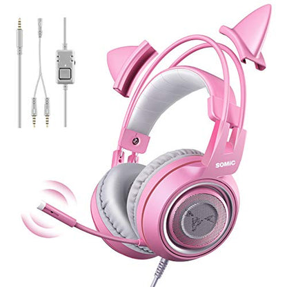 SOMIC G951s Pink Stereo Gaming Headset with Mic for PS4,Xbox,PC,Mobile Phone,3.5mm Noise Reduction Cat Ear Headphones Lightweight Over Ear Headphones for Woman - color: Pink