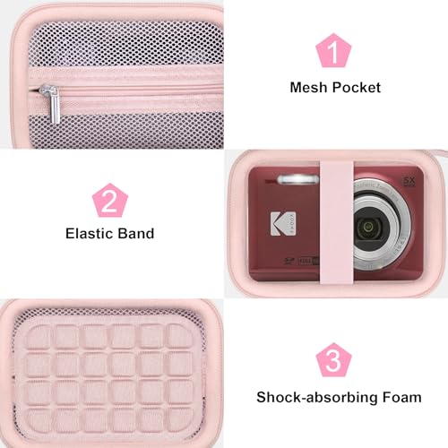 Canboc Hard Case for KODAK PIXPRO FZ55/ FZ45/ FZ43/ FZ53 16MP Digital Camera, Vlogging Camera Bag, Zipper Mesh Pocket fit Cable, SD Card, Pink (Case Only) - color: T-Pink