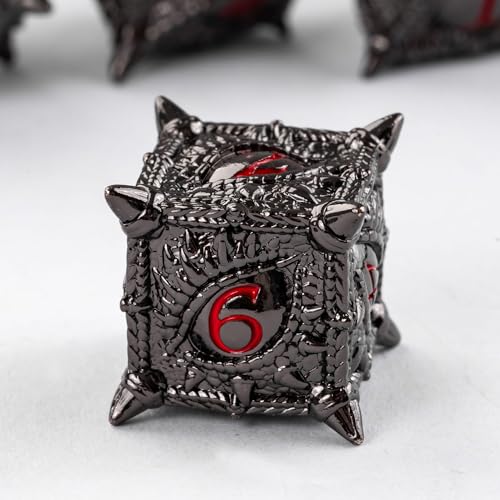 Black Metal DND Dice Dragon Eye Metal Dice Set D&D for Tabletop Game | Leather Storage Bag, DM Gift, for Dungeons and Dragons Role Playing Games - color: Dragon-black Red