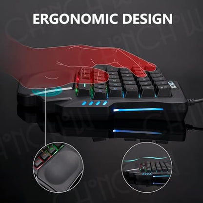 CHONCHOW One Handed Gaming Keyboard, 35 Keys, Rainbow LED, Wired USB, Ergonomic with Wrist Rest, Mini Portable, PS4/PS5/Xbox/PC/Laptop Compatible