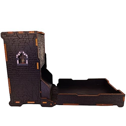 FOXBITE Dice Tower for Dungeons and Dragons Tower with Tray Wood Laser Etched DND Portable and Collapsible Dice Roller Perfect for Board Game and Tabletop RPG, Natural Wood Carved and Printed 5e