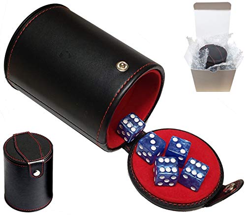 Cyber-Deals Set of 16mm Marbleized Dice and Black PU Leather, Velvet Lined Dice Cup with Storage Compartment (Gift Boxed) (Blue Dice, Red Lining Cup) - color: Blue Dice, Red Lining Cup