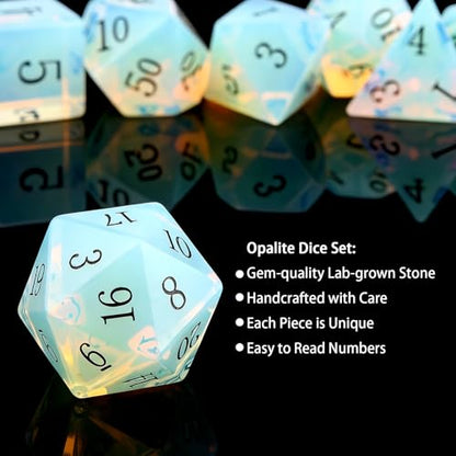 Haxtec Opal Dice Gemstone Polyhedral DND Dice Set with Premium Dice Case Compatible with Dungeons and Dragons Role Playing Board Games D&D Gift - color: White Black-opal