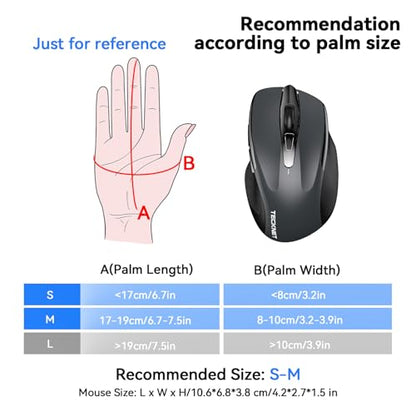TECKNET Rechargeable Jiggler Wireless Mouse, Dual-Mode Connectivity, Grey | Silent USB A & Bluetooth Mouse, 6 Adjustable DPI, 6 Buttons, Ergonomic Design, Long Battery Life, Multi-Device Compatibility - color: Grey