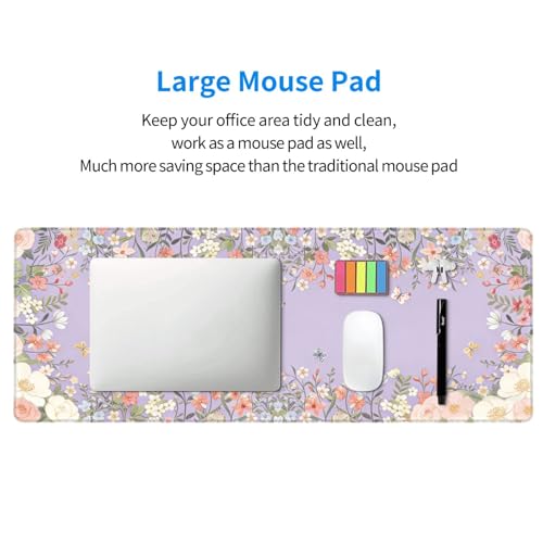 Large Gaming Mouse Pad Desk Mat, Purple Girly Floral Extended Keyboard Mouse Pad Mousepad with Non-Slip Base and Stitched Edge Mouse Mat Desk Pad Mouse Pads for Desk Home Office, 31.5 x 11.8 - color: Girly Floral Purple