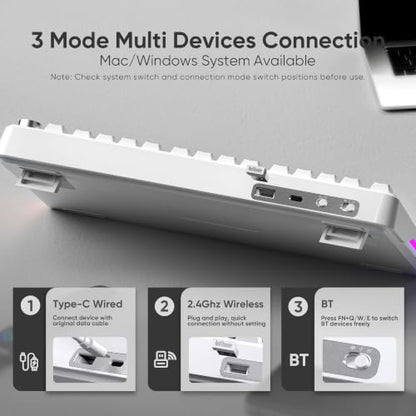 RedThunder K75 Wireless Mechanical Keyboard, CNC Knob, Tri-Mode BT5.0/2.4GHz/USB-C Hot Swappable Custom, Cremy Sound, Pre-lubed Linear Switches, RGB Gaming Keyboard, Side Fonts, Gradient White-Gray - color: S Gradient White-Gray