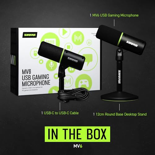 Shure MV6 USB Gaming Microphone for Streaming & Recording | Dynamic USB PC mic with desktop stand, noise cancellation, tap-to-mute and 3.5mm headphone monitoring for gaming - size: 300.5625 cubic inches