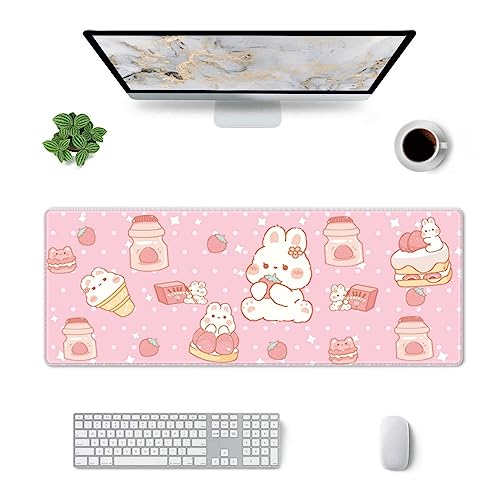 Kawaii Rabbit Strawberry Gaming Mouse Pad Extended Large Mouse Mat 31.5 X 11.8 Inch Nonslip Rubber Base Long Desk Pad Stitched Edges Mousepad Mice Pad for Office Home Game - color: Kawaii Rabbit Strawberry