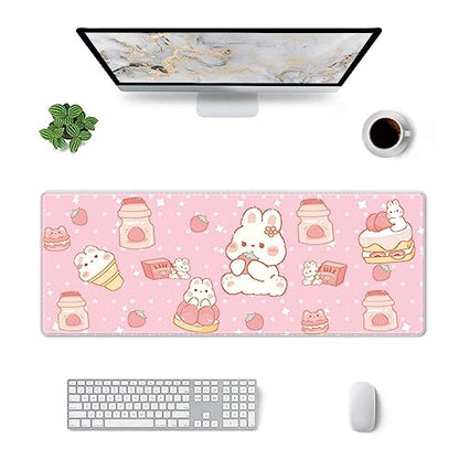 Kawaii Rabbit Strawberry Gaming Mouse Pad Extended Large Mouse Mat 31.5 X 11.8 Inch Nonslip Rubber Base Long Desk Pad Stitched Edges Mousepad Mice Pad for Office Home Game - color: Kawaii Rabbit Strawberry