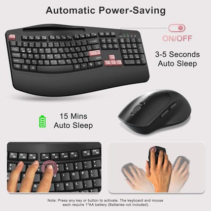 Wireless Keyboard and Mouse Combo, Full Size Ergonomic Wave Keys(Pink-B) | 2.4G Ergonomic Keyboard with Wrist Rest, Phone Holder, 3-Level DPI Silent Mouse with 6-Buttons, for Windows/Mac OS/Laptop/PC - color: Pink