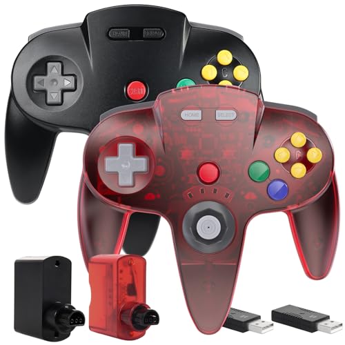 2 Pack Wireless N64 Controller for Switch 1/2, N64 Console,Clear Red/Black | (Built-in Vibration) (Rechargeable) (3D Analog Stick), 2.4 GHz USB & N64 Receiver Made for Switch Online, Windows PC, macOS - color: Transparent Red/Black
