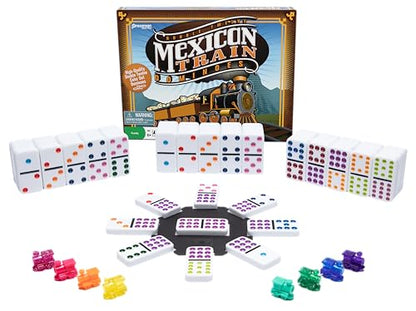 Mexican Train Dominoes - Beautiful Color Dot Double 12 Dominoes Set - Includes Train Markers and Hub by Pressman Multi Color, 5"