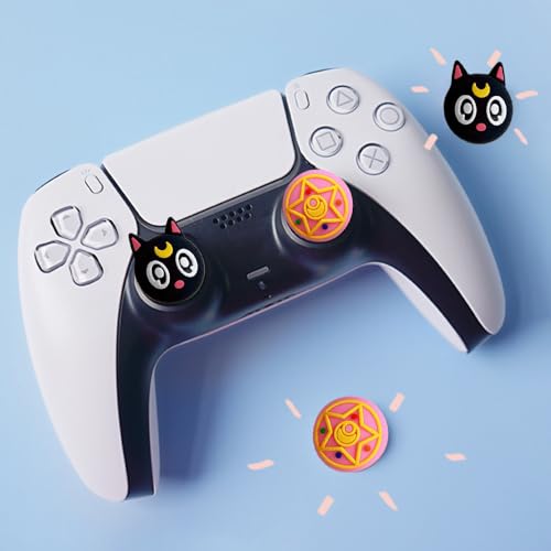 PERFECTSIGHT 4 PCS Cute Thumb Grip Caps for PS5/PS4/Xbox One (Series X, S)/NS Switch Pro Controller, Magic Moon Analog Stick Grips Thumbsticks, Kawaii Silicone Joystick Button Covers (Luna) - color: Black Luna