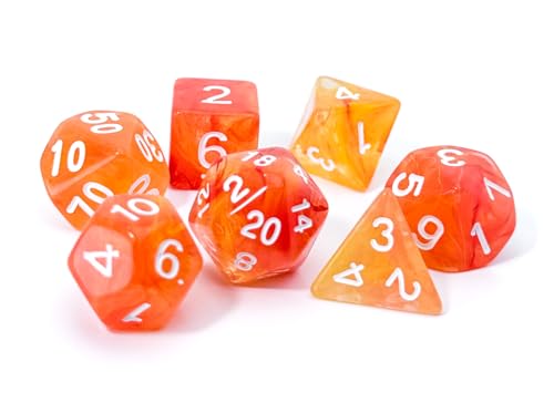Orange DND 주사위 7개 세트 (브라이트 오렌지) | TTRPG, 던전 앤 드래곤, 롤 플레잉 게임 및 기타 테이블 게임을 위한 아크릴 다면체 주사위 세트 - D20 시스템 주사위 - color: 밝은 주황색.