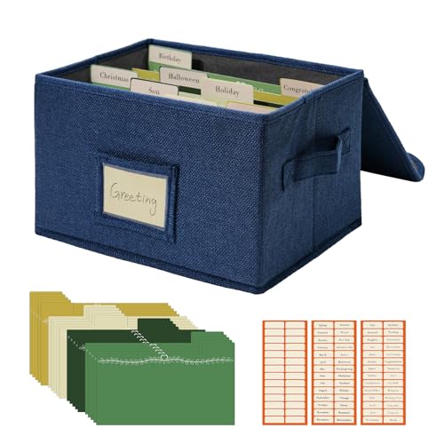 Vienrose Greeting Card Organizer Box Dark Blue 1 Pack | Storage Box With 20 Removable Dividers 84 Self-stick Labels, Photos Envelopes Scrapbooking Paper Stickers Holder - color: Navy, size: 1 Pack