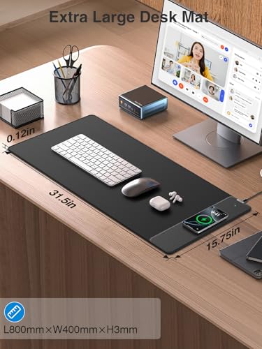 Wireless Charging Mouse Pad, 31.5"x15.8" Large Desk Mat, Smooth Glide | Waterproof Mousepad, Stitched Edge, Non-Slip Rubber Base, Desk Pad Computer Keyboard Mat, No Adapter - color: Black-31.5"x15.8"-Right