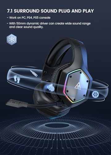 EKSA Wireless Gaming Headset, 2.4GHz USB Gaming Headphones with Microphone for PC, PS5, PS4, Nintendo Switch, 7.1 Surround Sound PC Headset, RGB Light, Ergonomic Design, 3.5mm Wired for Xbox Serie - color: 2.4G wireless + 3.5mm jack black