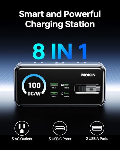 MOKiN 100W Max Charging Station with Retractable Cord, 8-in-1 Power Strip | 3 AC, 3 USB C, 3 USB A Charging Station for Multiple Devices, Desk Accessories GaN Charger for iPhone, iPad, MacBook, Galaxy