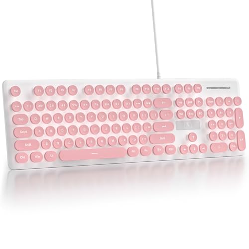 Fogruaden Wired Retro Typewriter Keyboard, Quiet Full Size Membrane Keyboard Light Up, Pink Cute Computer Keyboards, 104 Round Keys, White LED Backlit, Slim, Silent for Windows PC, Laptop - color: Pink