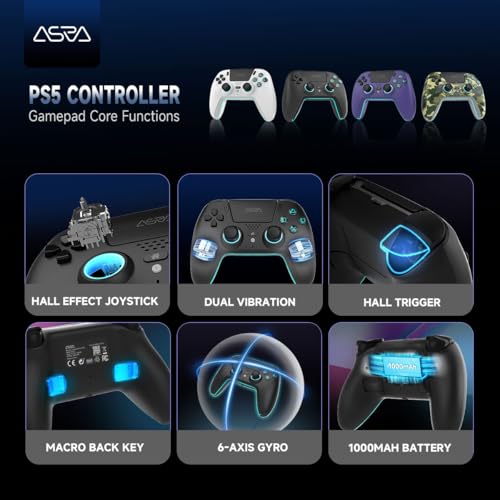 ASRVA Black Wireless Pro Controller for PS5, Hall Effect Joystick No Drift, 2 Back Paddles, Macro, Gyro, 1000mAh, RGB, Compatible with PS5/Pro/Slim/PC/iOS/Android - color: Black