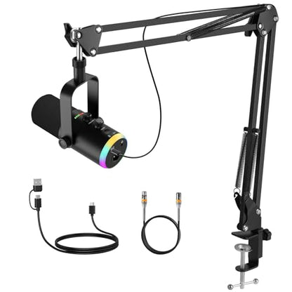 XLR USB Dynamic Microphone for Vocal Recording, Gaming, with Headphone Jack, Volume Control, Mute Button. Cardioid Microphone for Sound Cards, Mixers, PC, MAC (Microphone with Boom Arm Stand) - size: Microphone with Boom Arm Stand