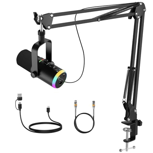 XLR USB Dynamic Microphone for Vocal Recording, Gaming, with Headphone Jack, Volume Control, Mute Button. Cardioid Microphone for Sound Cards, Mixers, PC, MAC (Microphone with Boom Arm Stand) - size: Microphone with Boom Arm Stand