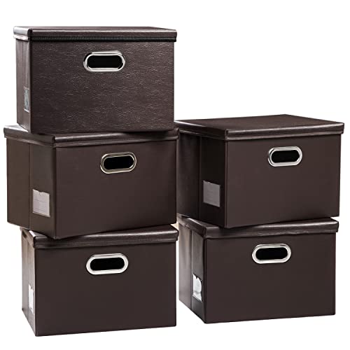 PRANDOM Foldable Storage Bins with Lids [5-Pack] Leather Fabric Collapsible Storage Boxes Organizer Containers Baskets Cube with Cover for Bedroom Closet Office Nursery Brown 14.9x10.8x10 - color: Brown, size: Medium(5-Pack)