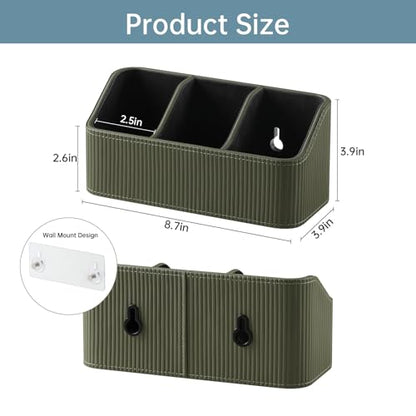 No Drill PU Leather Wall Remote Holder, 3 Compartments Storage Caddy for TV AC Remotes, Pens, Eyeglasses, Home Bedroom Bathroom Office (Stylish Green Fine Ribbed) - color: Stylish Green Fine Ribbed